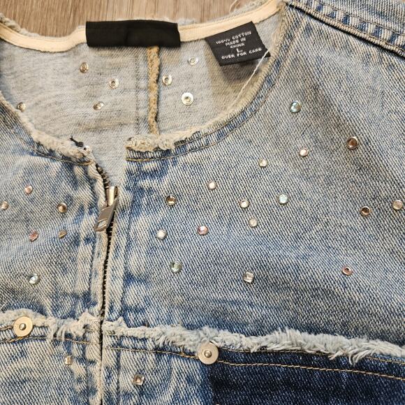 Vtg Express Denim Jacket Womens L Raw Hem Rhinestones 90s Festival Scene Grunge - Picture 5 of 9